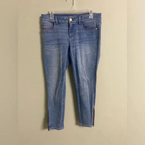 WHBM Leather Trim Skimmer Jeans 6P Mid Rise Light Wash Stretch Denim Ankle Zip